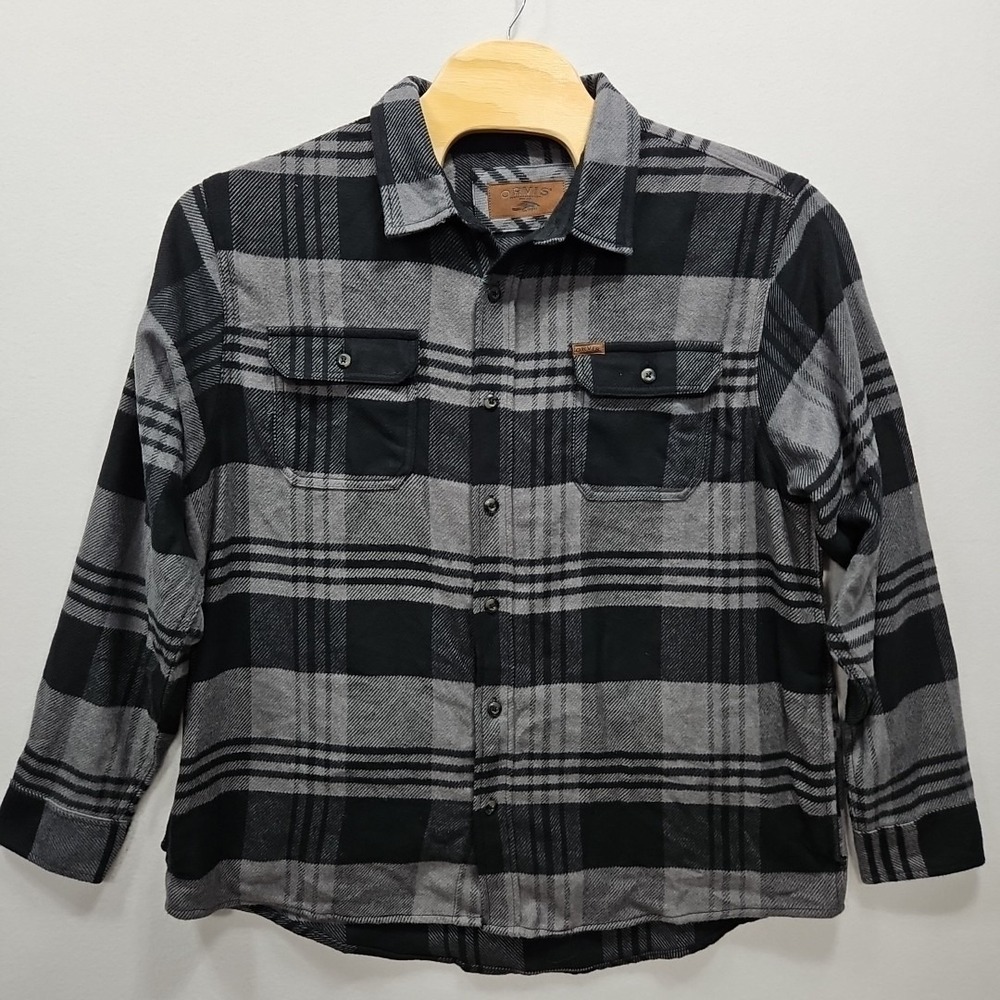 Orvis Big Bear Mens XXL Black Gray Heavy Weight Flannel Shirt Plaid Pockets